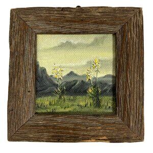 Mini Rustic Wooden Framed Oil Painting GOLDEN YUCCA By G. Malek 3.25" Wall Art